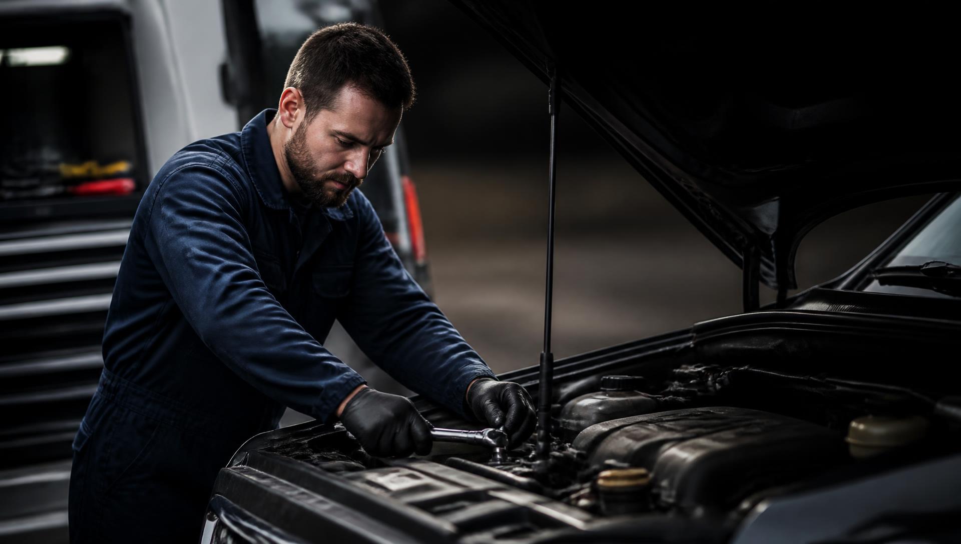Mobile mechanic working on a car engine